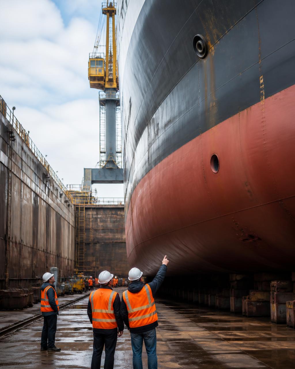 Engenheiros inspecionando o casco de uma embarcação em dique seco